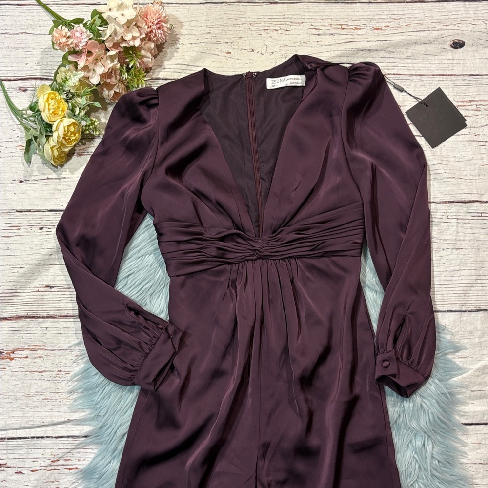 NWT Ieena for Mac Duggal Long Sleeve Ruched Plunging-Neck Jumpsuit Plum - Picture 8 of 10